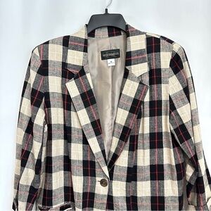 90s Vintage Requirements Linen Khaki Black Beige Red Checked Blazer Jacket Sz 10